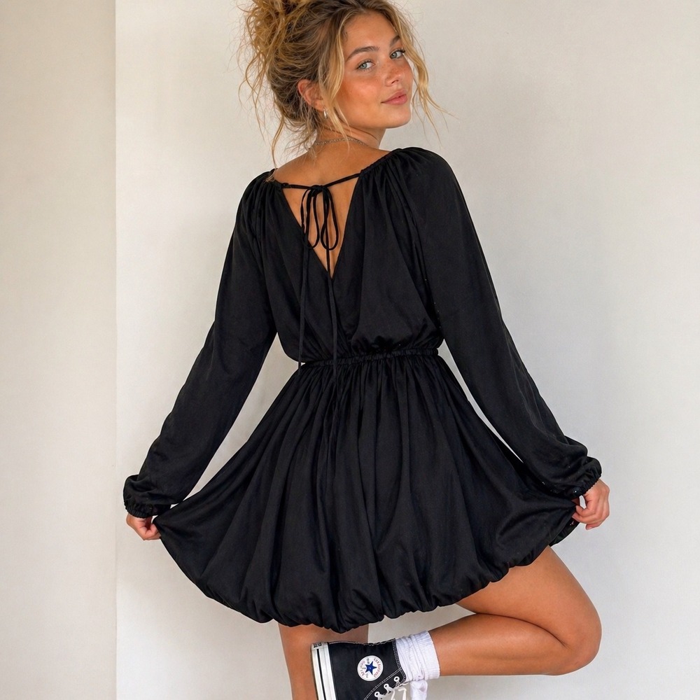 Converse One Star‎ XS Black Peasant Dress Boho Bubble Hem Long Sleeve Festival